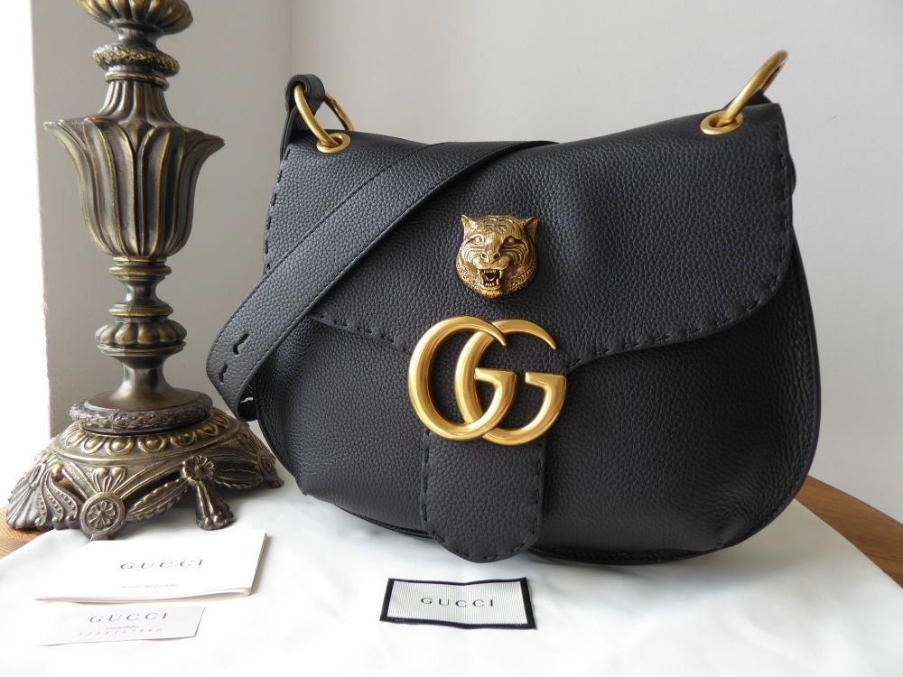 Gucci GG Marmont Tiger Crest Shoulder Saddle Hobo in Black Pebbled Calfskin - SOLD