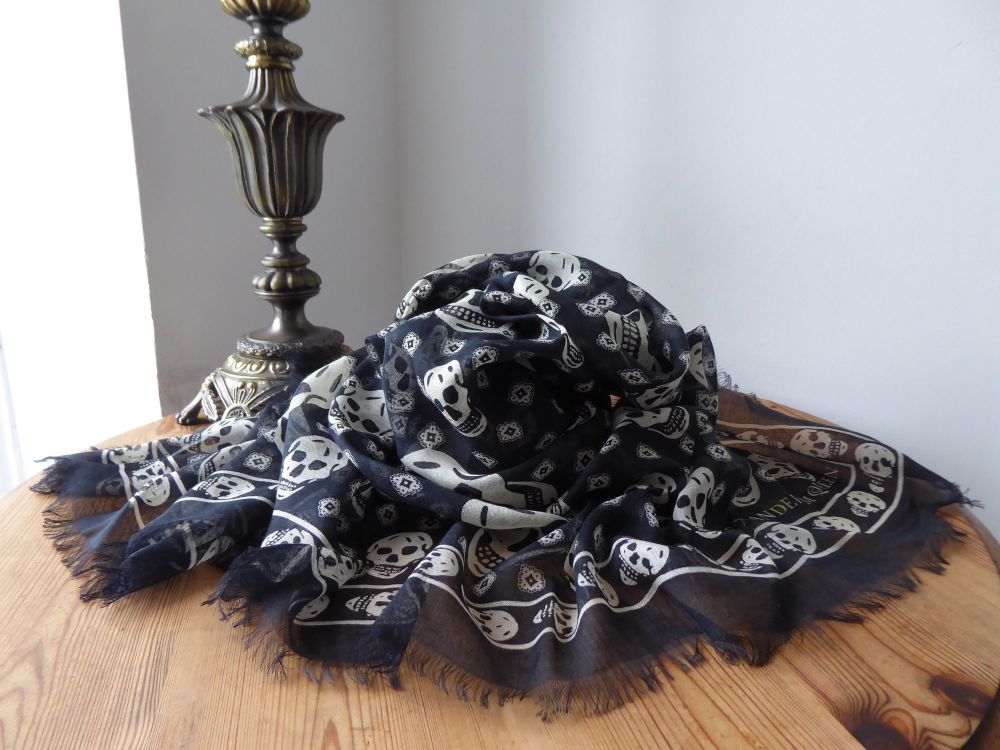 Alexander McQueen Skull Scarf in Classic Medallion Skulls Black and Ivory Creme Silk Modal Mix - SOLD