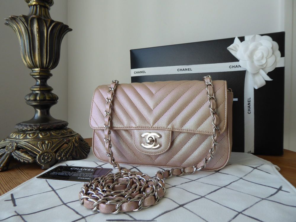 Chanel Mini Rectangular Flap in Chevron Quilted Champagne Rose Gold Pearlescent Caviar - SOLD