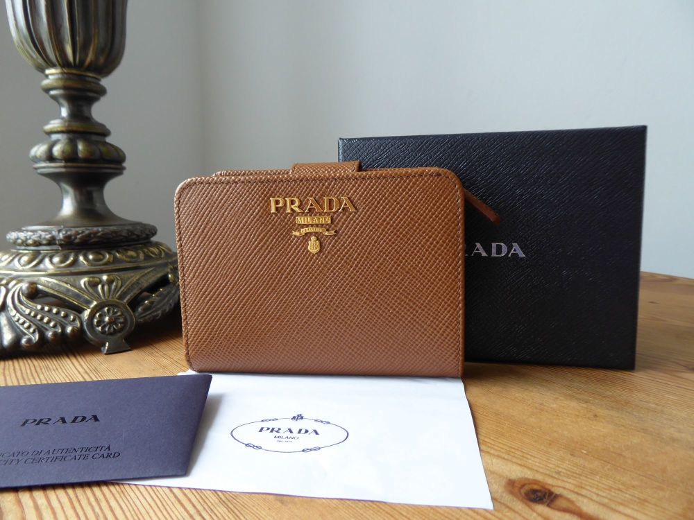 Prada Small Wallet Bifold Purse in Cognac Saffiano with Shiny Gold Hardware - SOLD