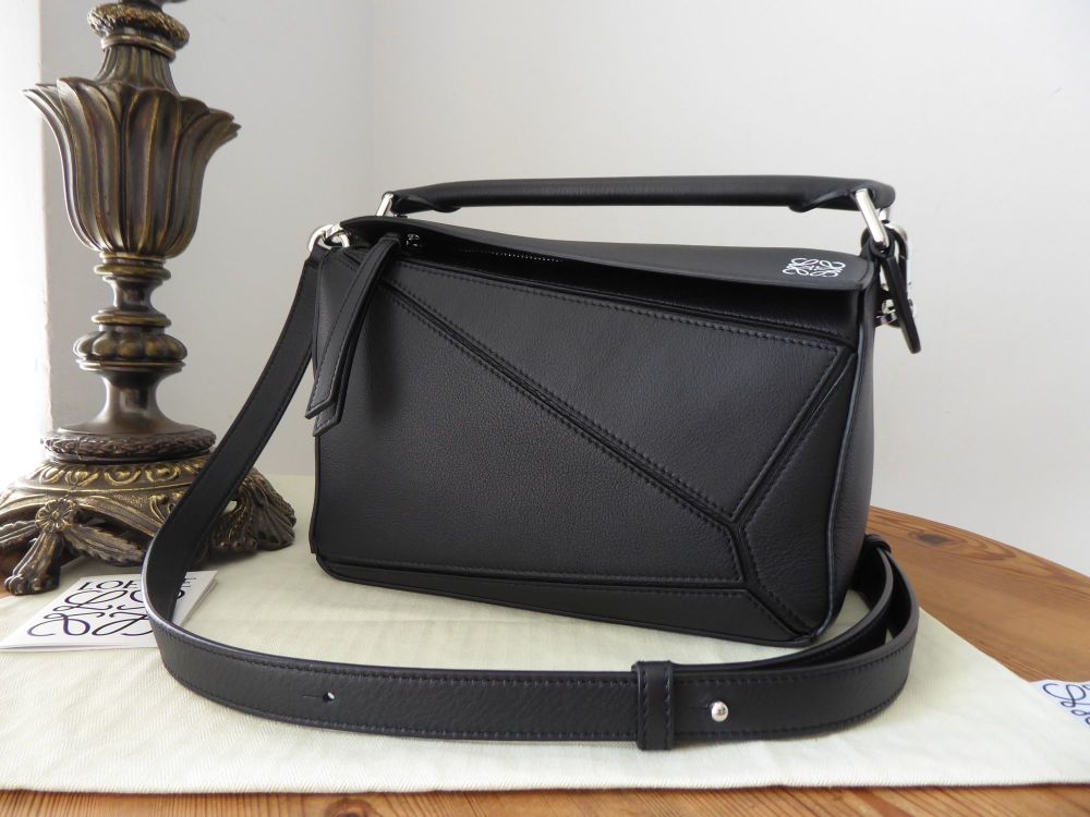 LOEWE Small Puzzle Bag in Black Classic Calf with Palladium Hardware