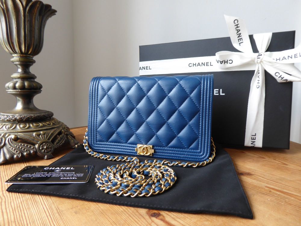 Chanel Boy Wallet on Chain WOC in Petrol Blue Calfskin with Aged Gold Hardw