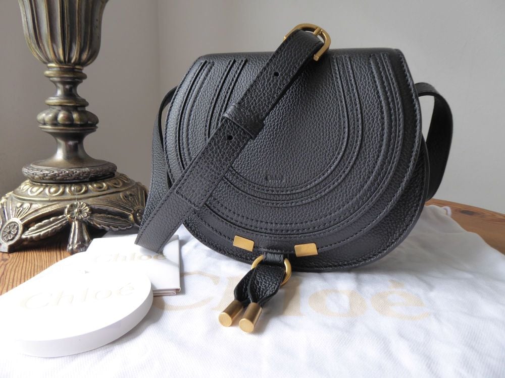 Chloé Mini Marcie Small Saddle Bag in Black Pebbled Calfskin - New