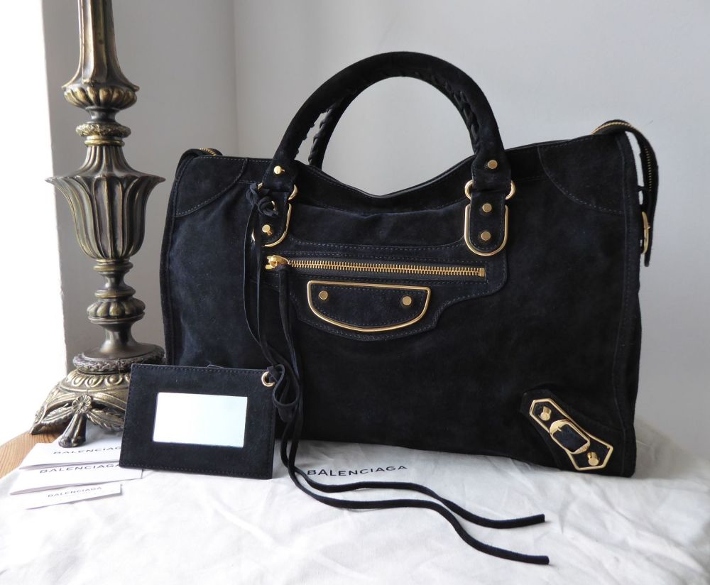 Balenciaga Metallic Edge City in Black Suede with Gold Hardware with Gold H