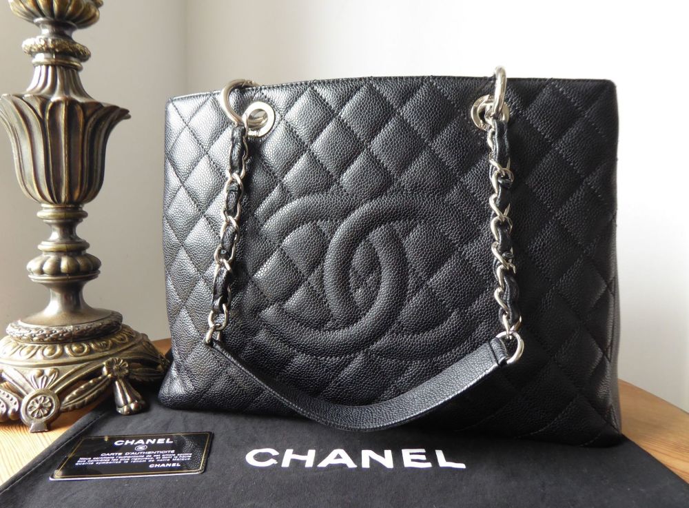 Chanel Classic Grand Shopping Tote GST In Black Caviar With Silver