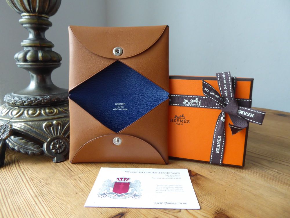 Hermès Calvi Verso Pop Card Holder in Fawn Barenia & Sapphire Blue Goatskin - SOLD