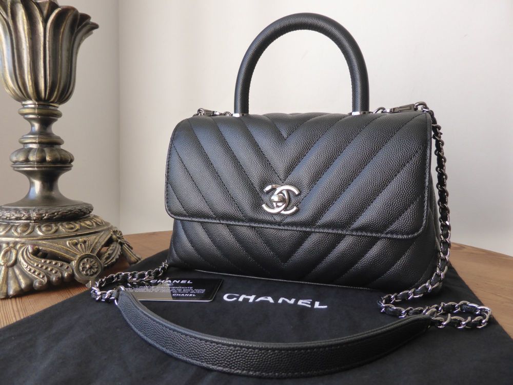 Chanel Small Coco Handle Flap Bag in Chevron Quilted Black