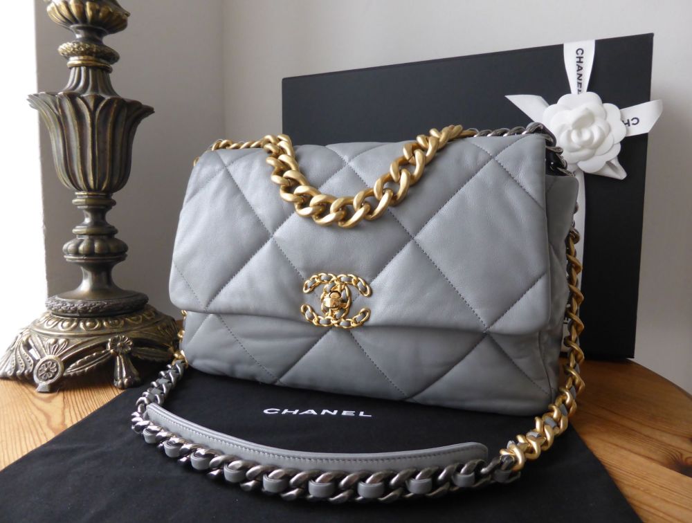 Chanel 19 Large Flap Bag in Grey Lambskin with Tricolore Hardware