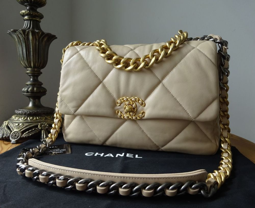 Chanel Beige Quilted Lambskin Large 19 Flap Bag Silver Hardware, 2022 (Like New)