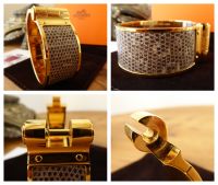 Herm&Atilde;&uml;s Gold Plated Wide Hinged Bracelet Charniere with Ombre Lizard Inlay -