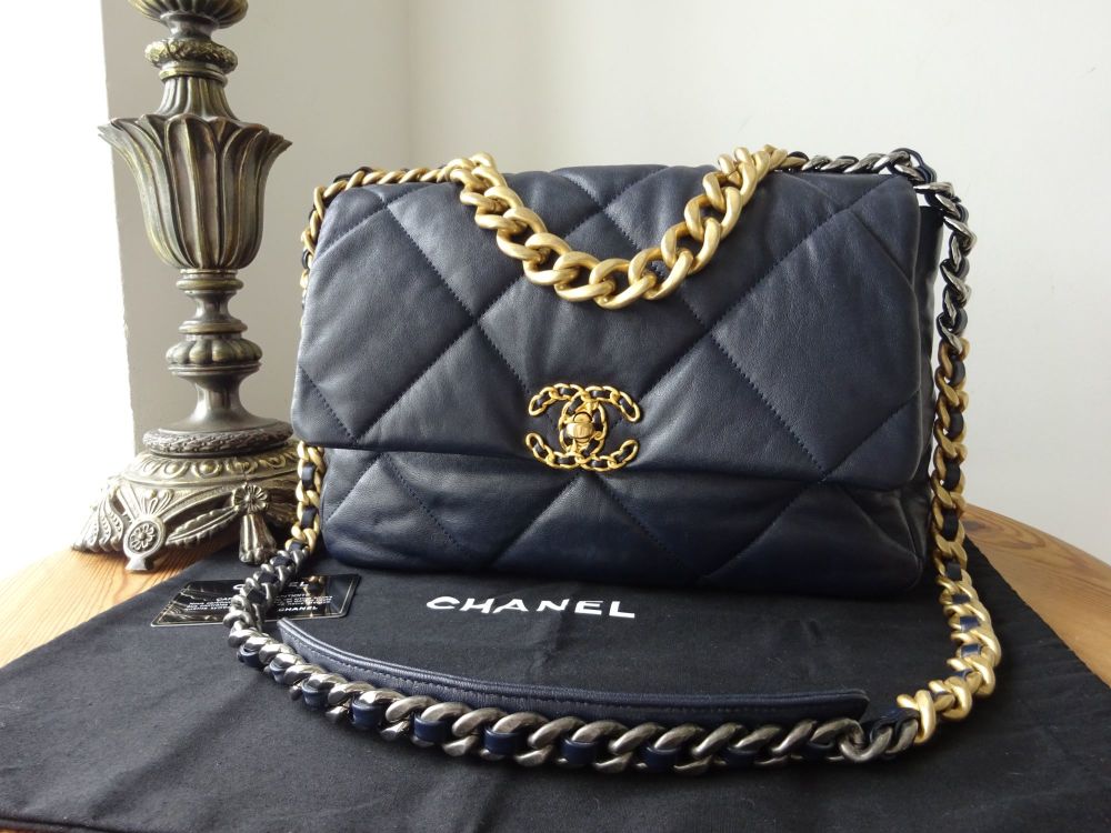 Chanel 19 Large Flap Bag in Navy Blue Lambskin with Tricolore Hardware