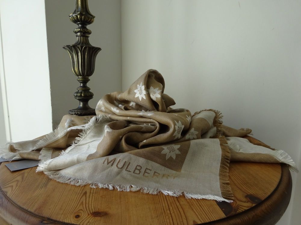 Mulberry Monogram Star Jacquard Large Square Scarf in Camel and Cream Silk & Wool Mix - SOLD