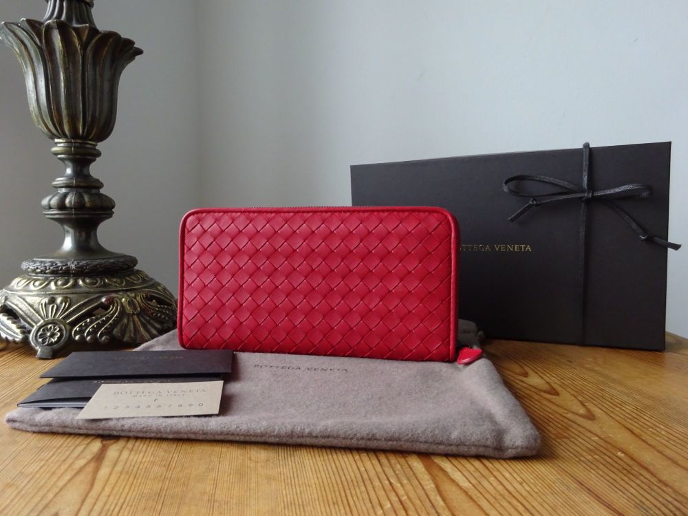 Bottega Veneta Long Zip Around Purse Wallet in Red Nappa Intrecciato New