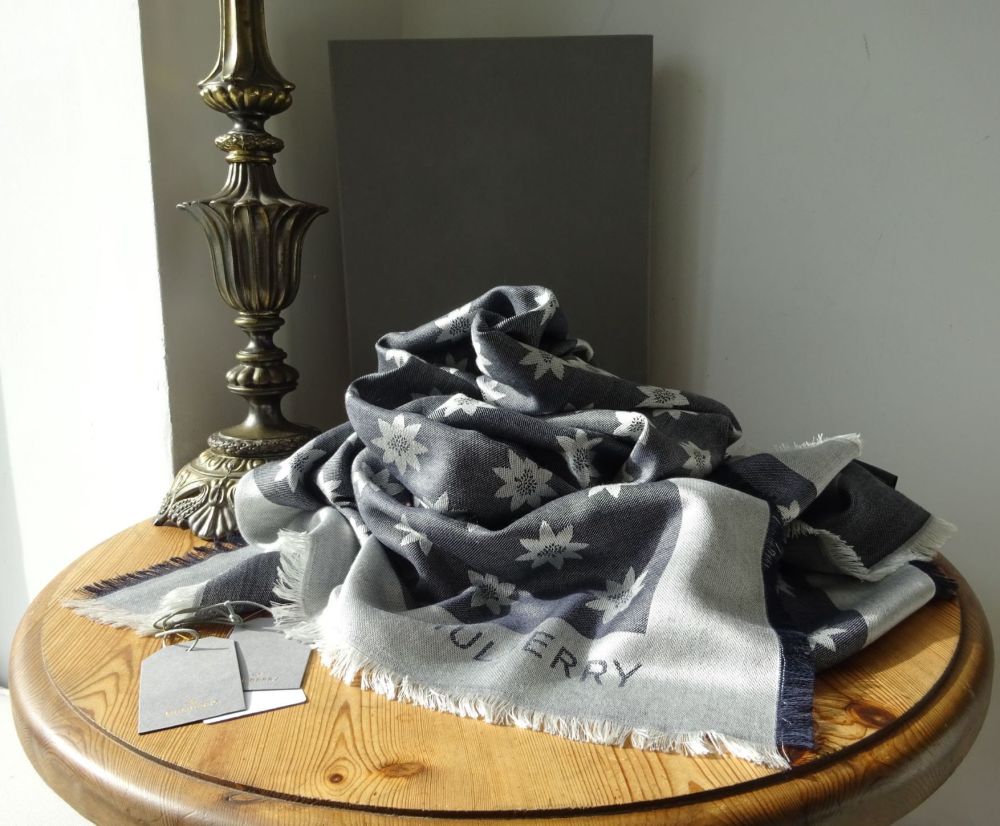 Mulberry Monogram Star Jacquard Large Square Scarf Wrap in Midnight Blue Silk Wool Mix - SOLD