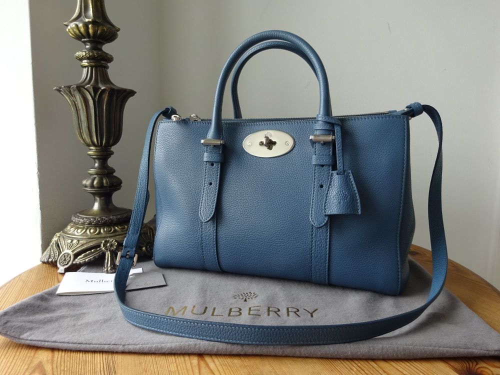 Mulberry Small Bayswater Double Zip Tote in Steel Blue Small Classic Grain Leather - SOLD