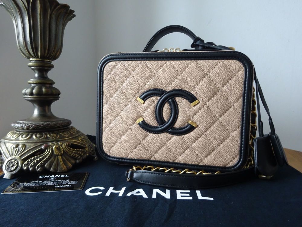 Chanel CC Medium Filigree Vanity Clutch with Chain in Beige Caviar with Black Calfskin Trims - SOLD