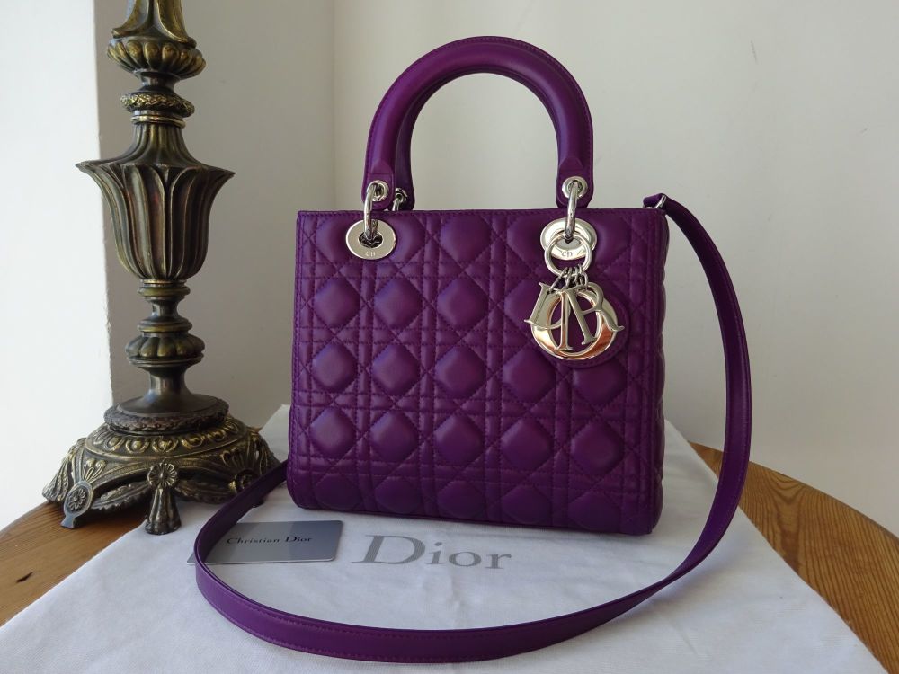 Dior Lady Dior Medium in Purple Violet Lambskin Cannage with Silver Hardwar