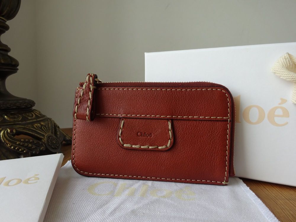Chloe Edith Fragments Zipped Pouch Card Holder in Cognac Grained Leather