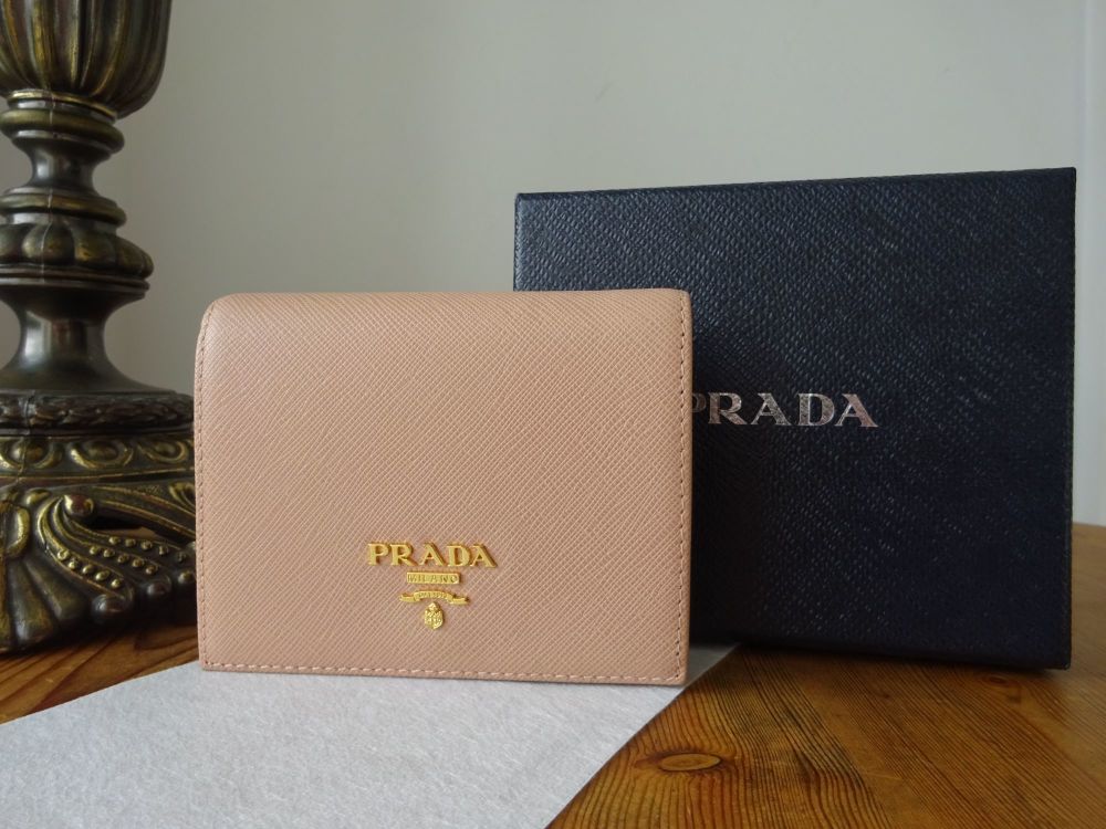 Prada Compact Purse Wallet in Rose Beige Saffiano with Gold Hardware 1MV204