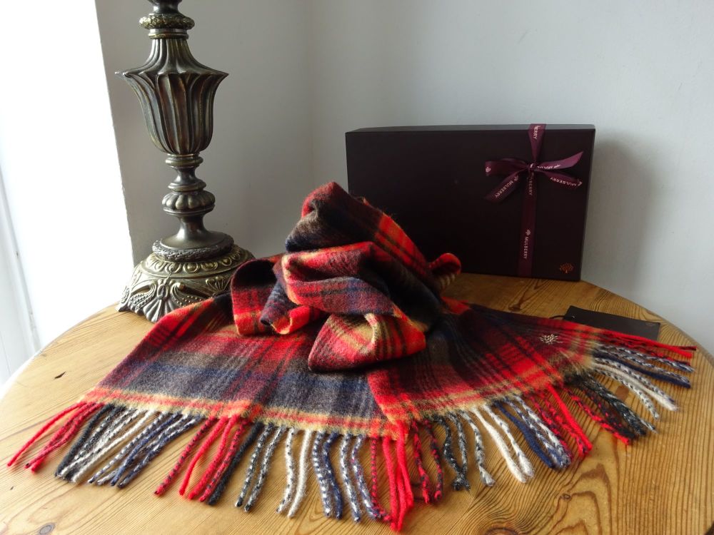 Mulberry Heritage Check Fringed Winter Scarf in Tomato Red 100% Cashmere - 