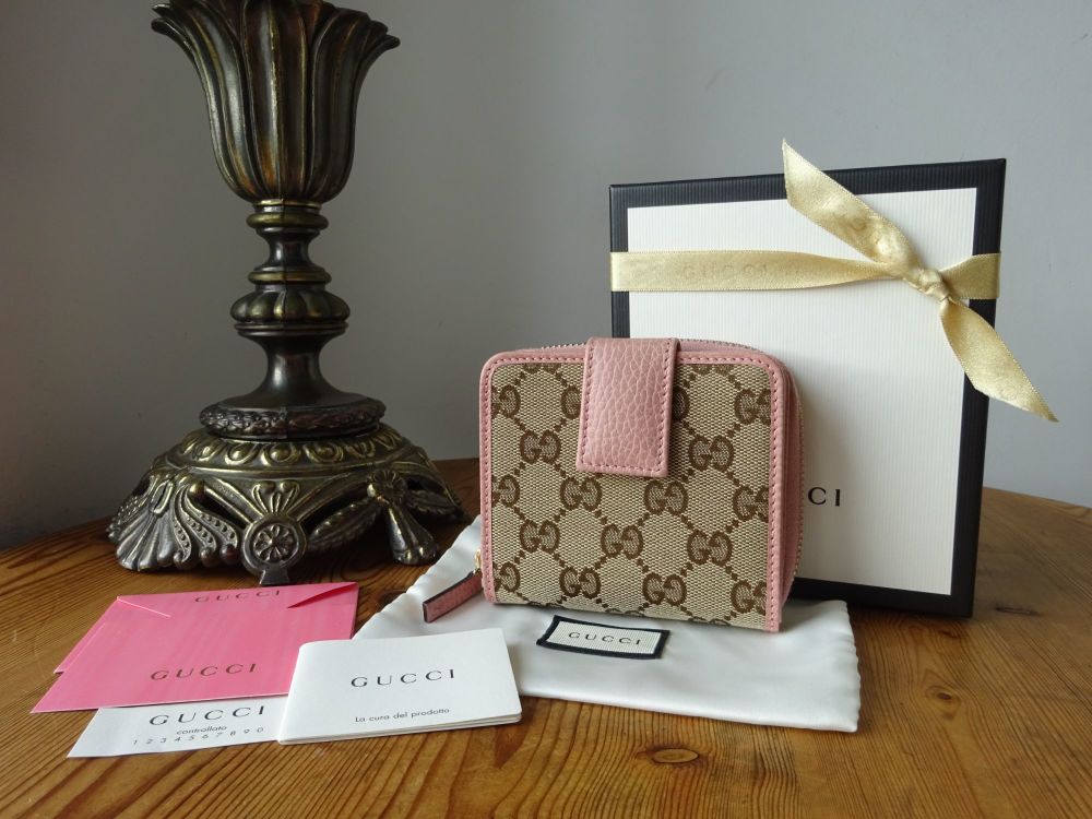 Gucci Compact Bifold Purse Wallet in Classic GG Monogram with Pink Leather 