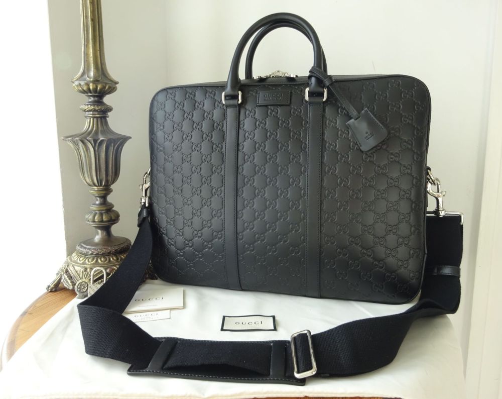 Gucci Large Briefcase Laptop Bag in Black GG Embossed Calfskin Guccissima L