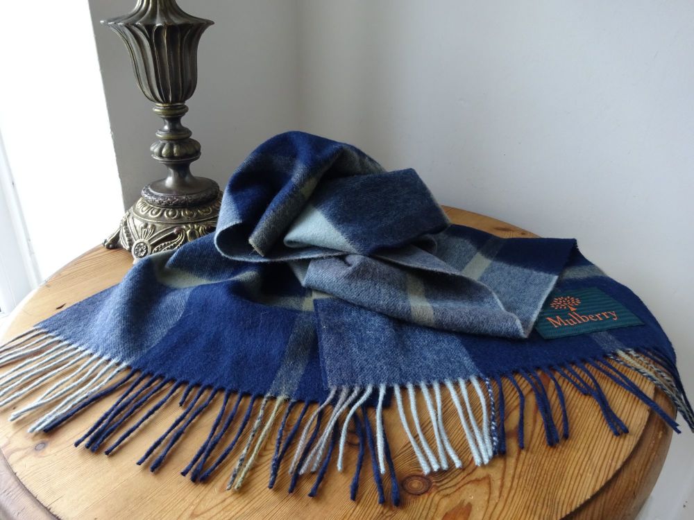 Mulberry Heritage Small Check Fringed Winter Scarf in Khaki & Midnight Lambswool - SOLD