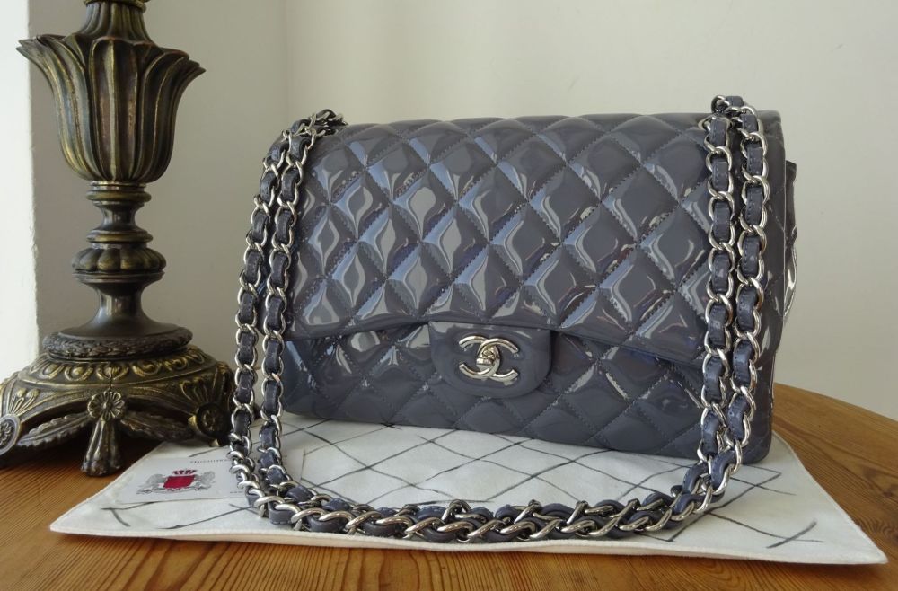 Chanel Timeless Classic 2.55 Jumbo Double Flap Bag in Parma Grey Patent Lea