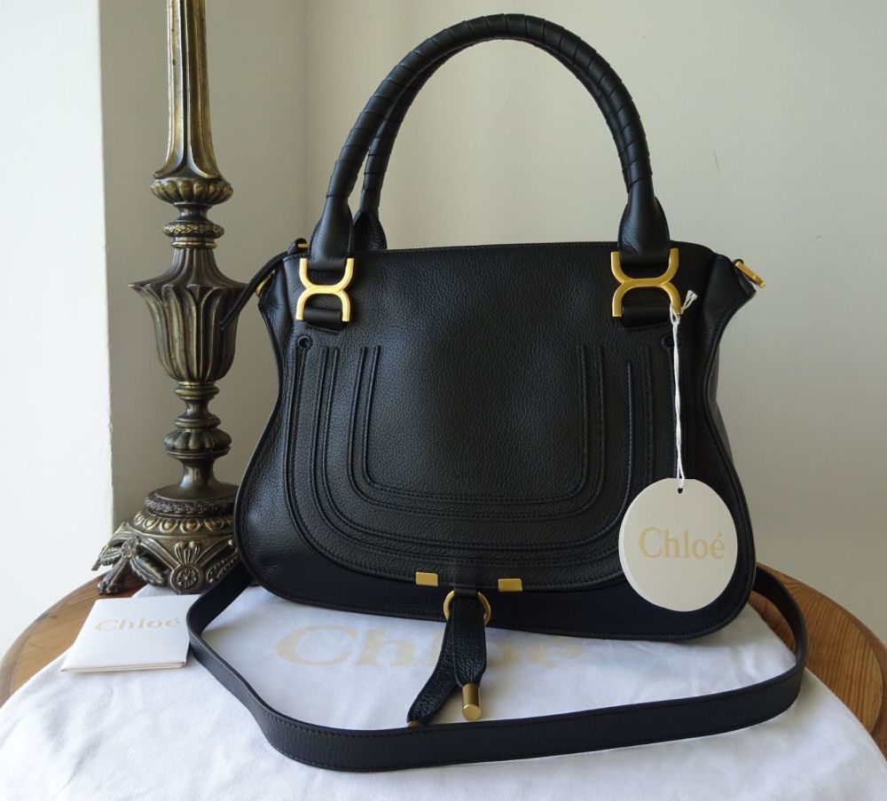 Chloe Marcie Medium Double Carry Bag in Black Grained Calfskin