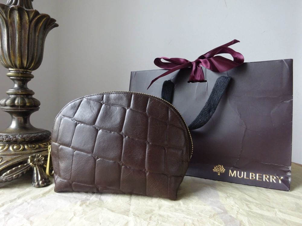 Mulberry Zipped Cosmetics Case in Chocolate Croc Printed Leather - New