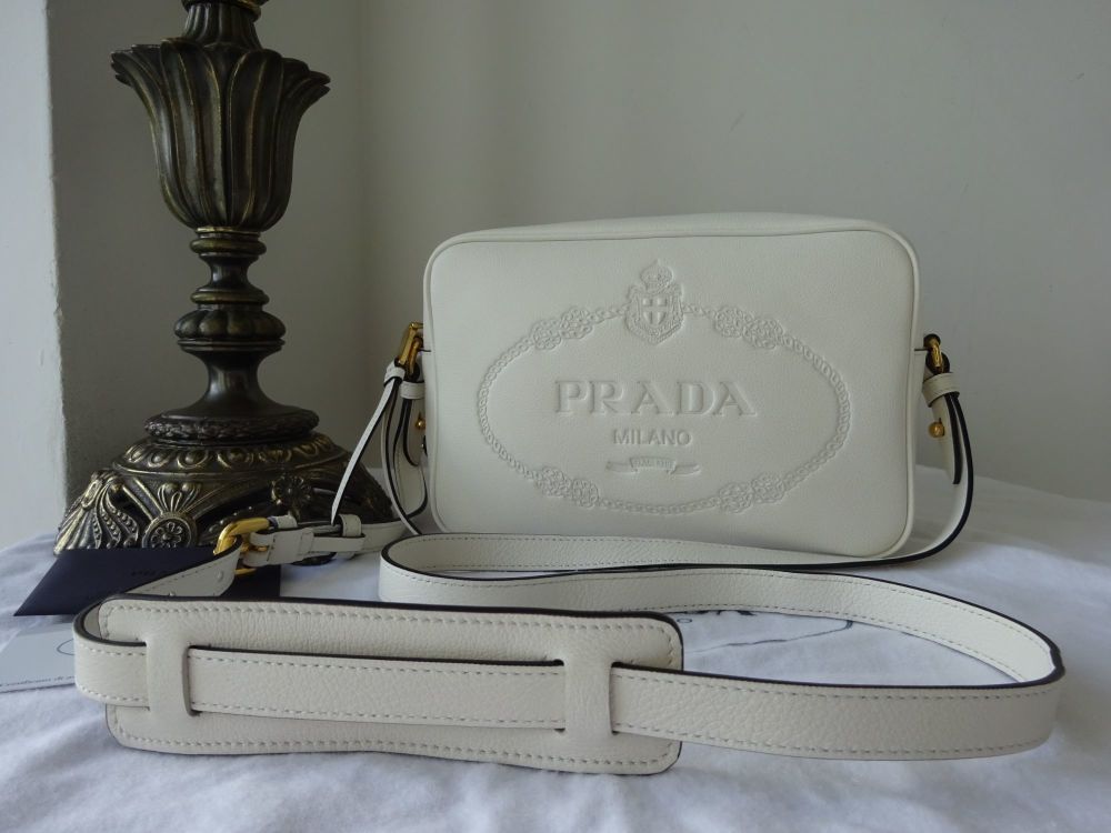 Prada Embossed Camera Bag Crossbody in Bianco White Glace Calf New 1BH089