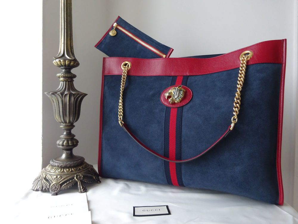 Gucci Rajah Large Tote & Pouch in Romantic Blue Suede with Cherry Red Calfs