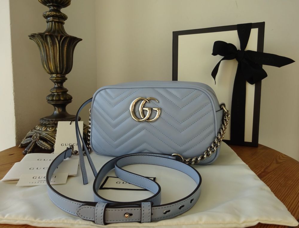 Gucci GG Marmont Small Shoulder Camera Bag in Pastel Blue Matelassé Calfskin - SOLD