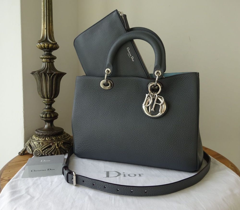 Christian Dior Diorissimo Medium Tote and Zip Pouch in Taurillon Gris Bleu 