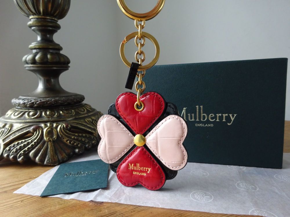 Mulberry Flower Keyring Bag Charm in Scarlet, Pink & Black Shiny Croc Printed Leather - SOLD