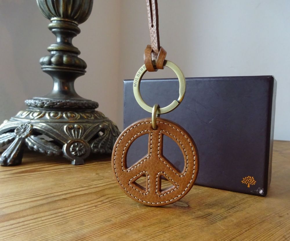 Mulberry Peace & Love Bag Charm Keyring in Oak Natural Leather