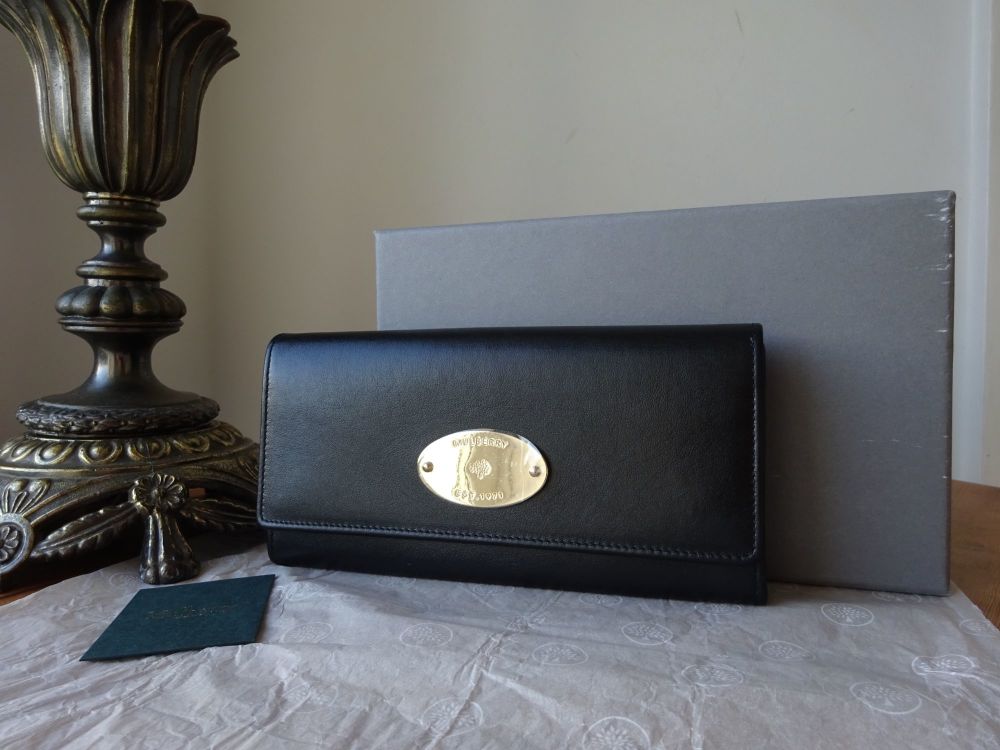 Mulberry Plaque Continental Wallet in Black Nappa with Shiny Pale Gold Hardware - SOLD