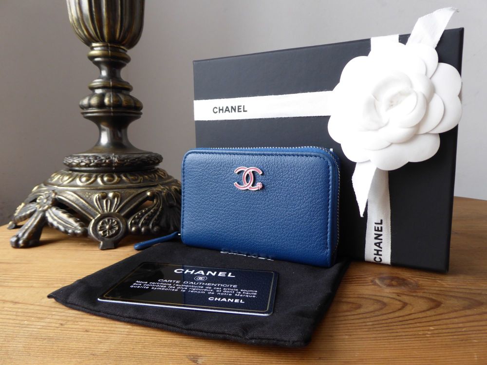 Chanel Lucky Clover Zip Around Compact Coin Card Purse in Vintage Blue Calfskin - SOLD