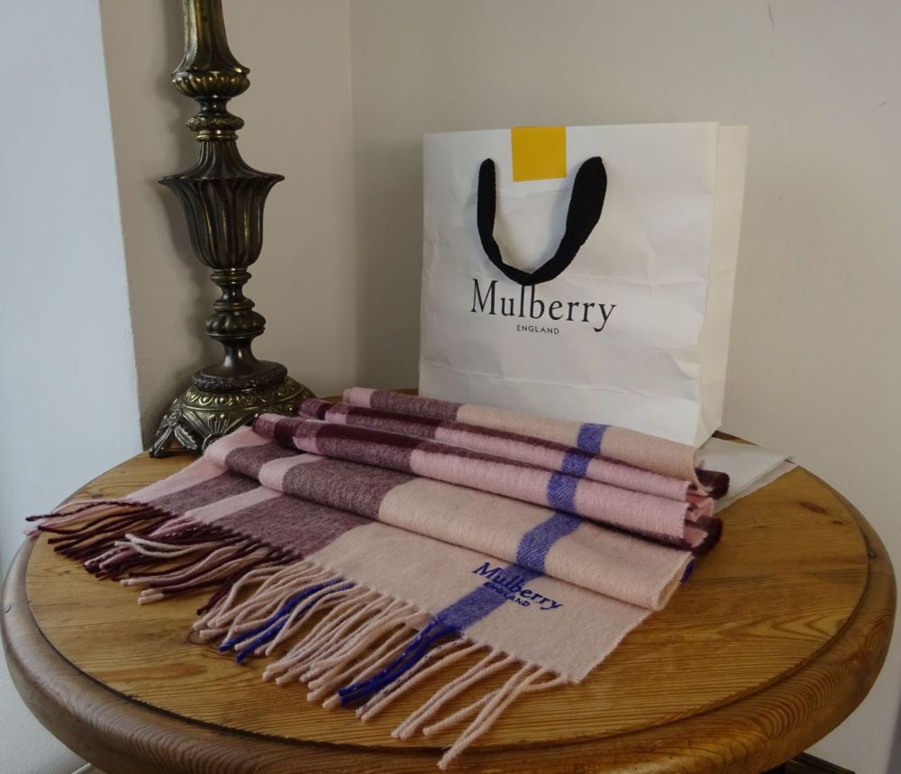 Mulberry Small Check Fringed Winter Scarf in Sorbet Pink & Oxblood Merino Wool - SOLD
