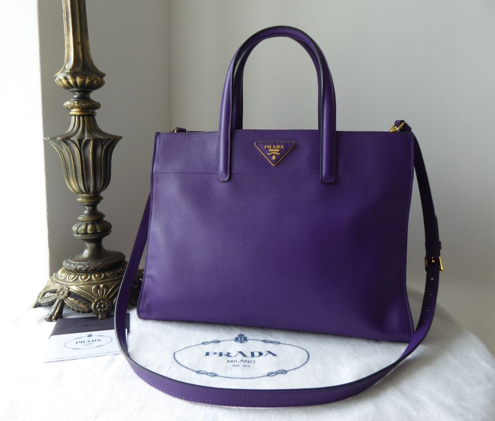Prada Medium Tote in Viola Purple Saffiano Leather with Shiny Gold Hardware