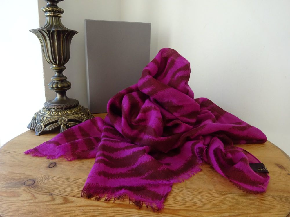 Mulberry Tiger Striped Large Wrap Scarf in Fuschia Pink Cashmere Wool Blend
