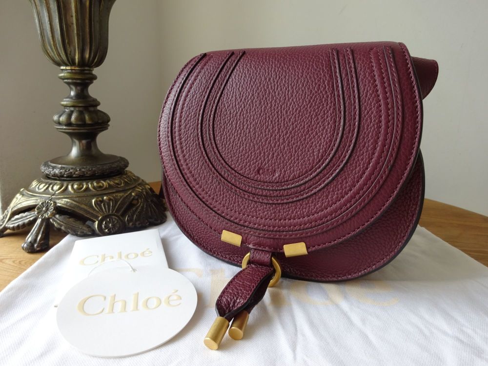Chloé Mini Marcie Small Saddle Bag in Burgundy Pebbled Calfskin - New