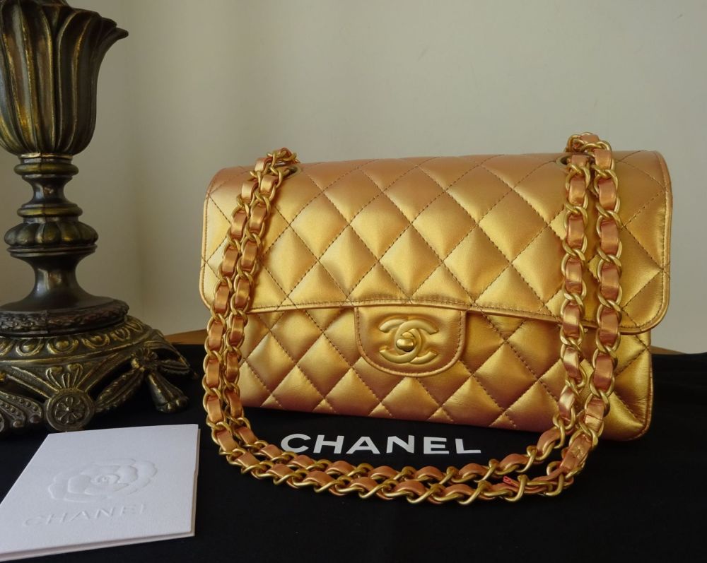 Chanel Classic Small Flap Bag in Metallic Gold Iridescent Calfskin with  Champagne Gold Hardware- SOLD