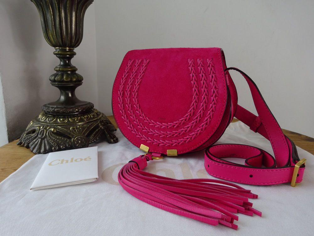 Chloé Mini Marcie Small Saddle Bag with Tassel in Fuchsia Rose Suede