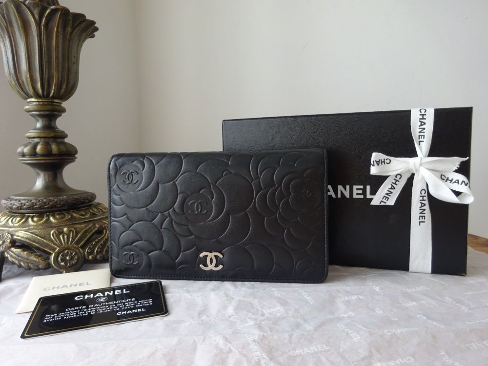 Chanel Camellia Embossed L Yen Wallet in Black Lambskin - SOLD