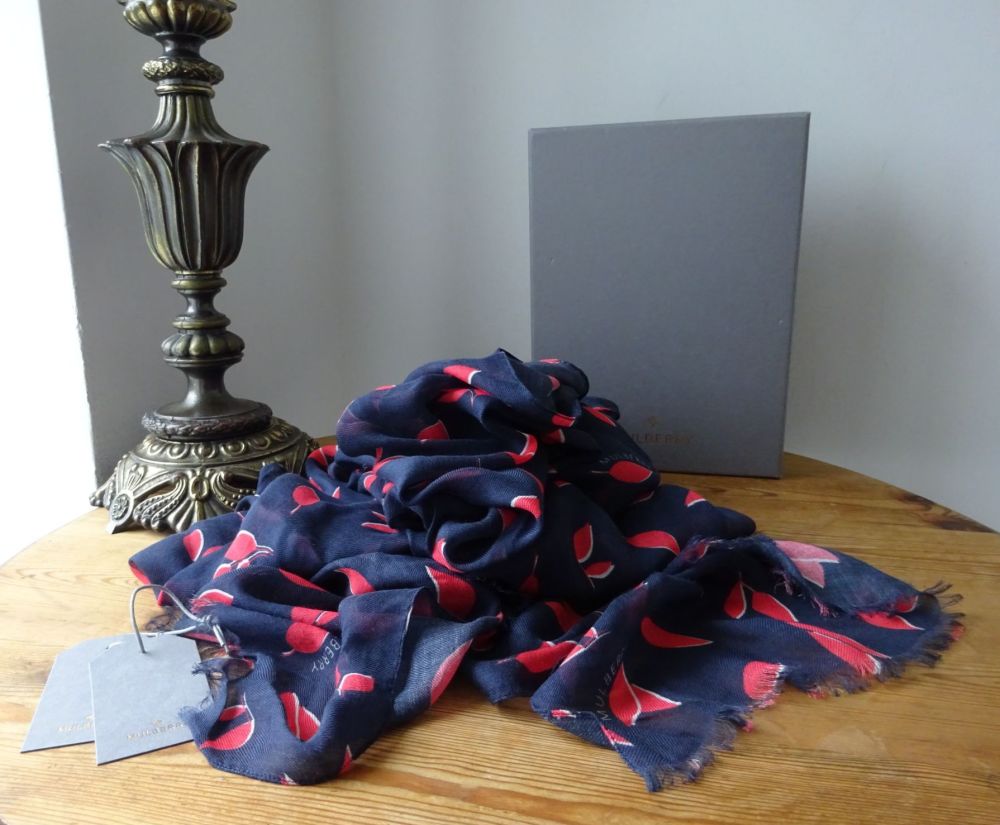 Mulberry Spring Leaves Printed Wrap Scarf in Midnight & Orchid Modal Cashmere Mix - SOLD