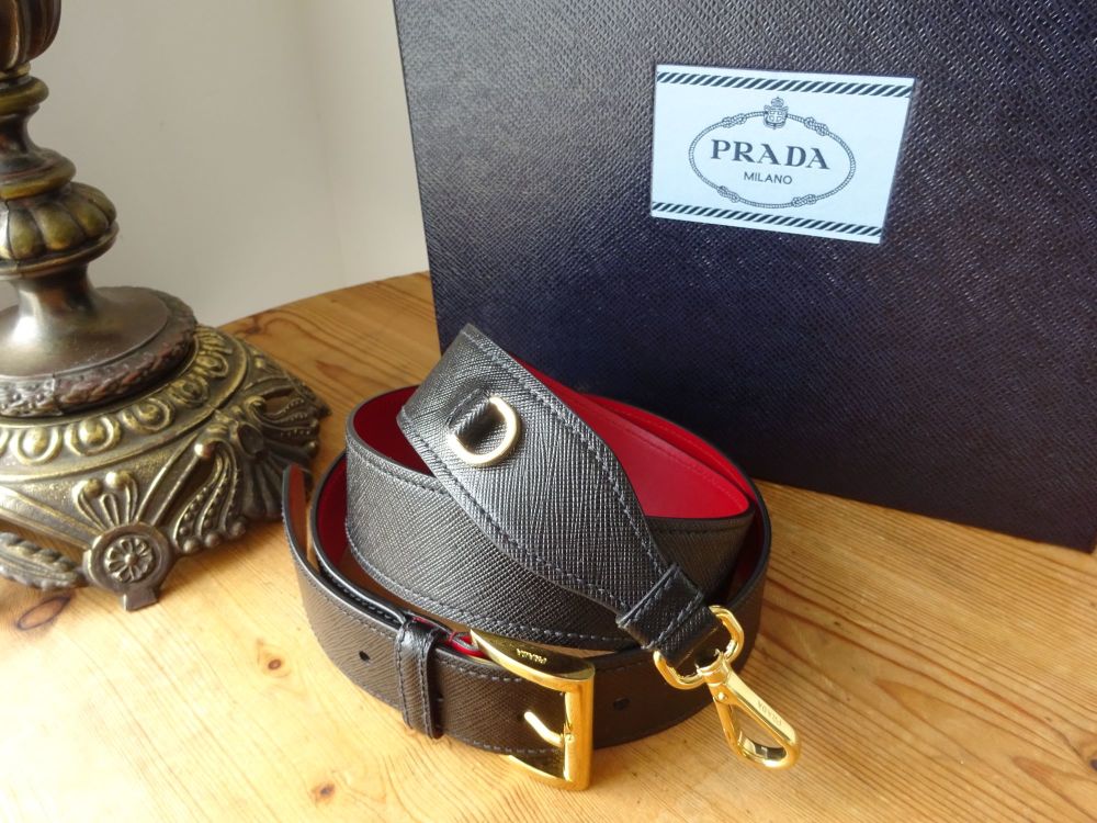 Prada Shoulder Strap in Saffiano Nero Fuoco with Gold Hardware