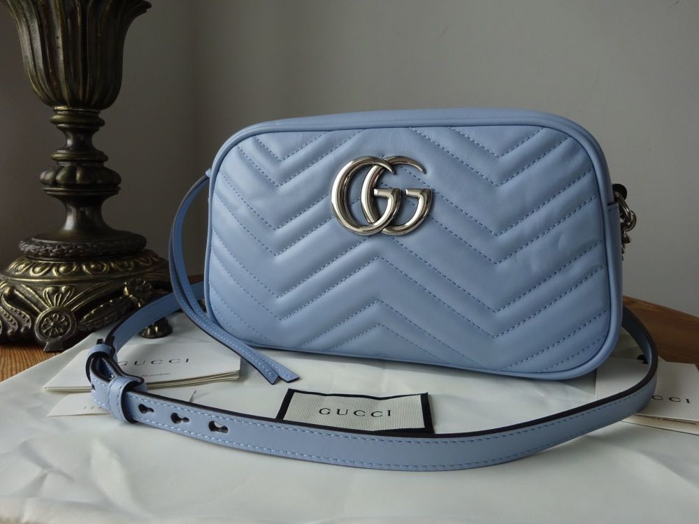 Gucci GG Marmont Small Shoulder Camera Bag in Pastel Blue Matelassé Calfski
