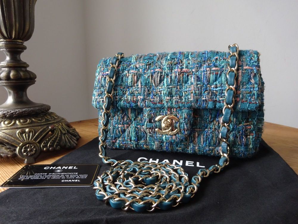 Chanel Classic Mini Rectangular Flap Bag in Turquoise Teal Tweed with Shiny