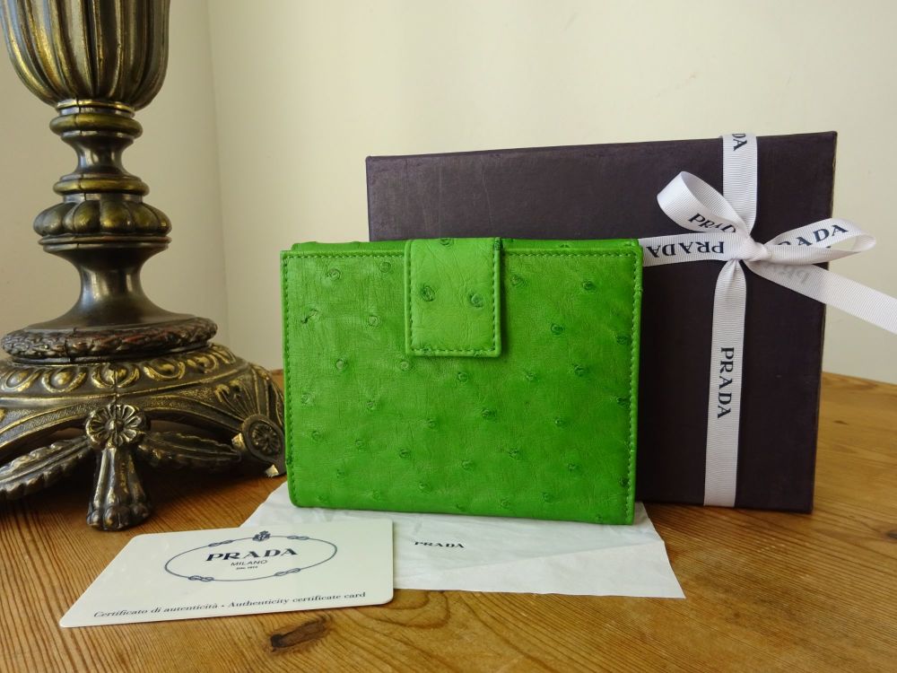 Prada Bifold Compact Wallet Purse in Apple Green Ostrich Leather - SOLD